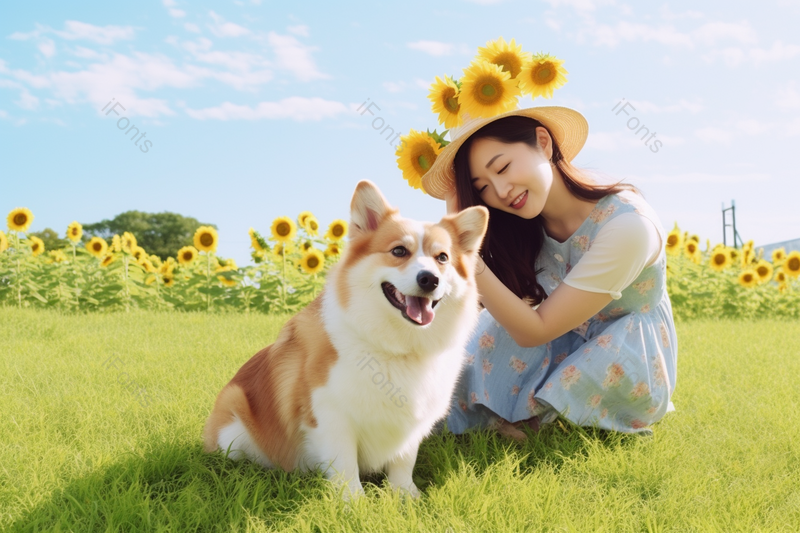 文艺美女和爱宠狗狗向日葵装饰,高清,摄影图,摄影图片,图片大全,摄影图免费下载